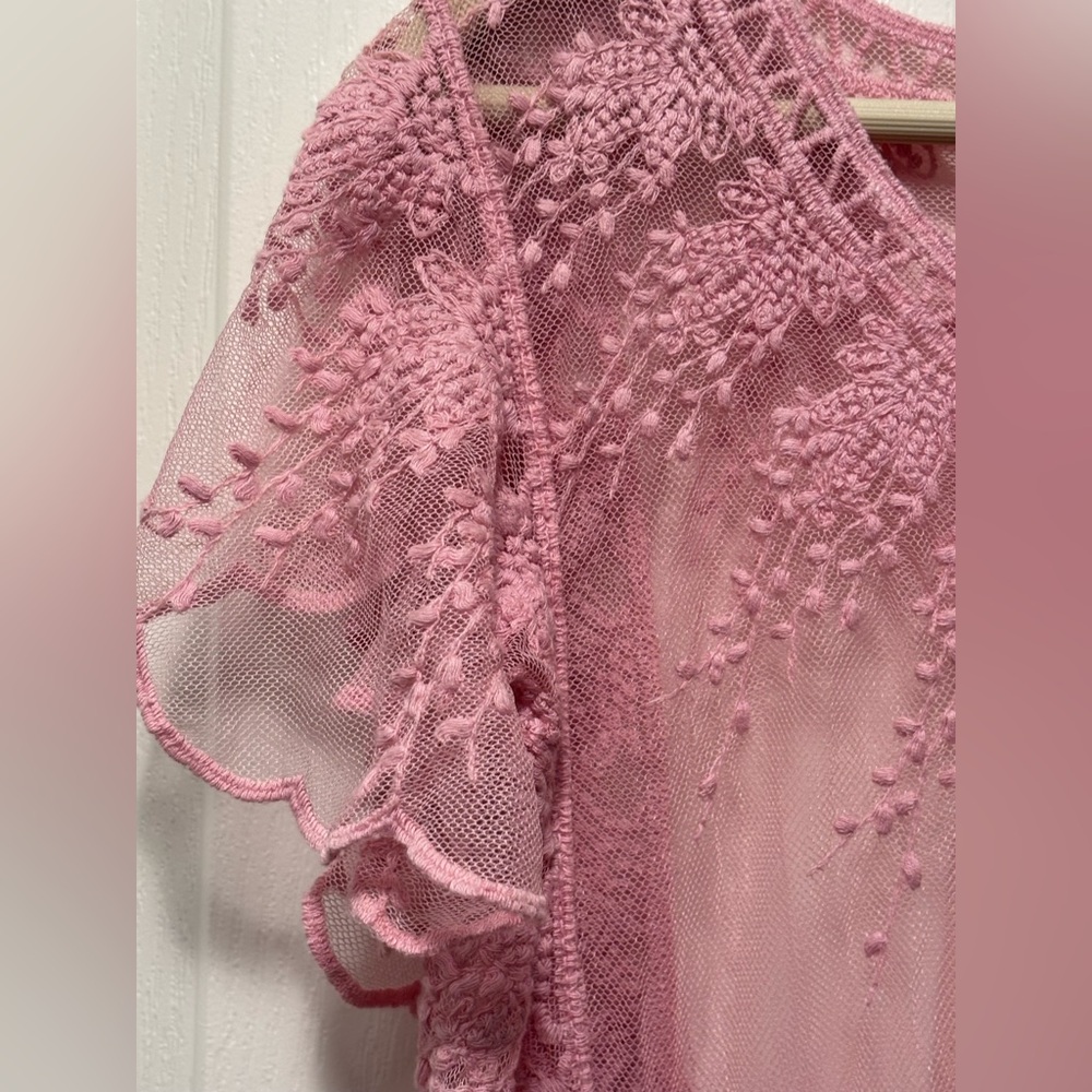 Pink Lace Overlay Dress embroidered with ruffled sleeves sheer - Picture 3 of 16